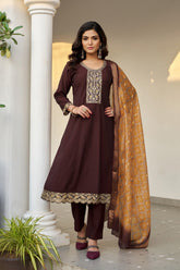Larqi Women Chanderi Brown 3 Pcs Set