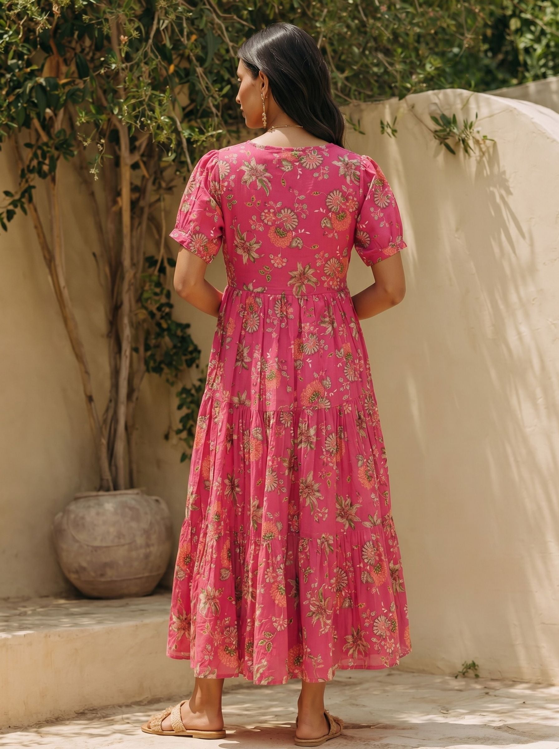 Larqi Women Cotton Floral Red Dress