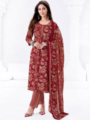 Larqi Women Pure Cotton Maroon 3 Pcs Set
