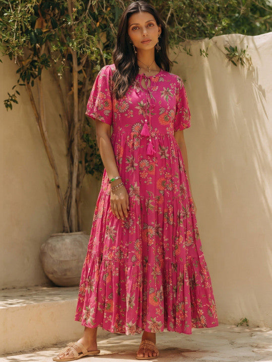 Larqi Women Cotton Floral Red Dress