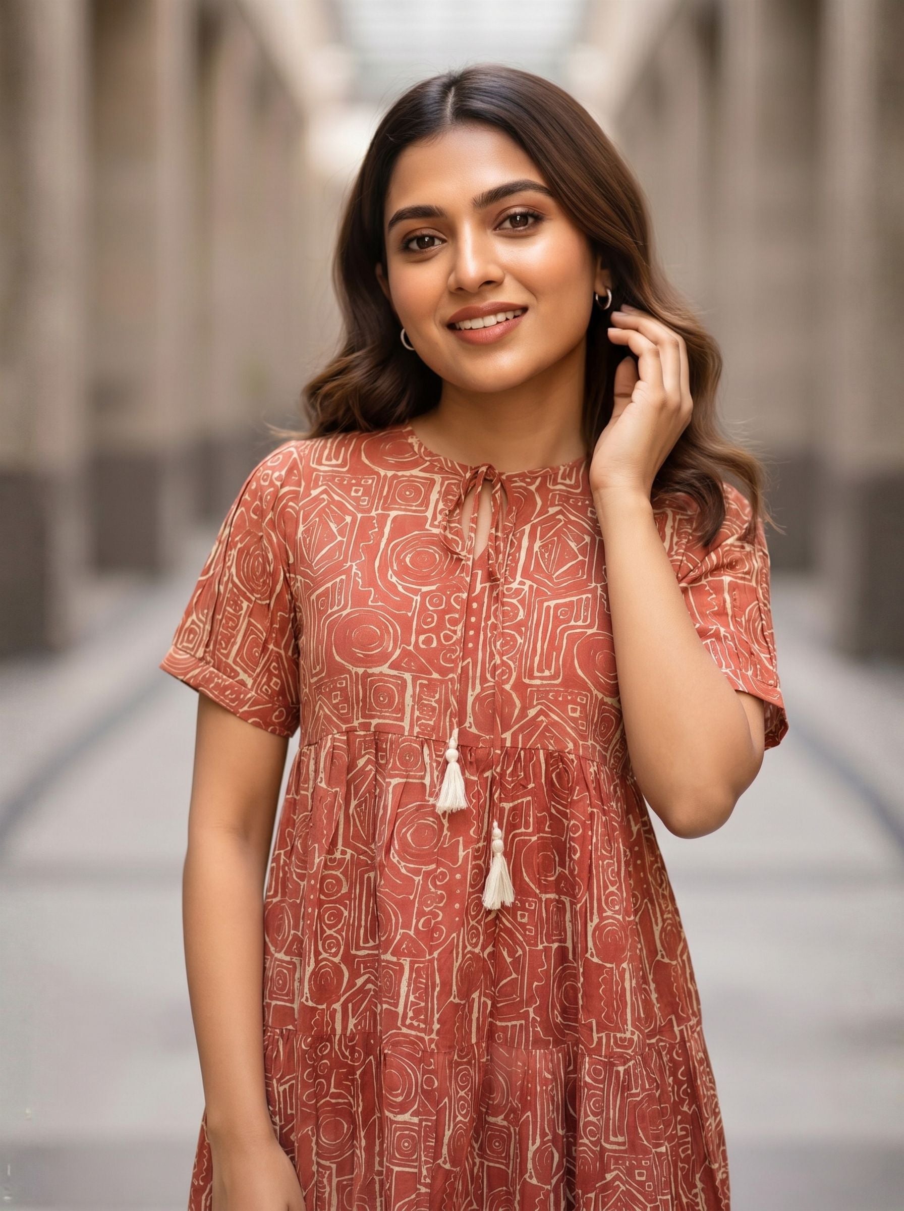 Larqi Women Cotton Floral Maroon Dress