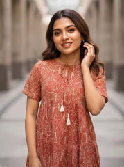 Larqi Women Cotton Floral Maroon Dress