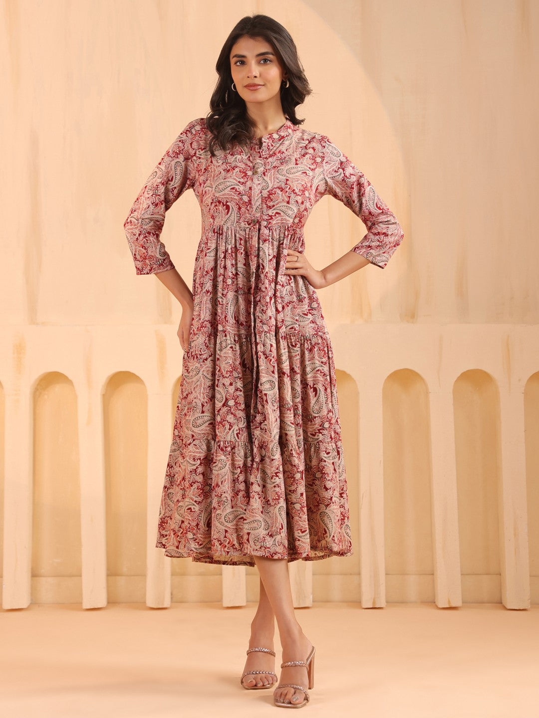 Larqi Women Viscose Rayon Floral Maroon Dress