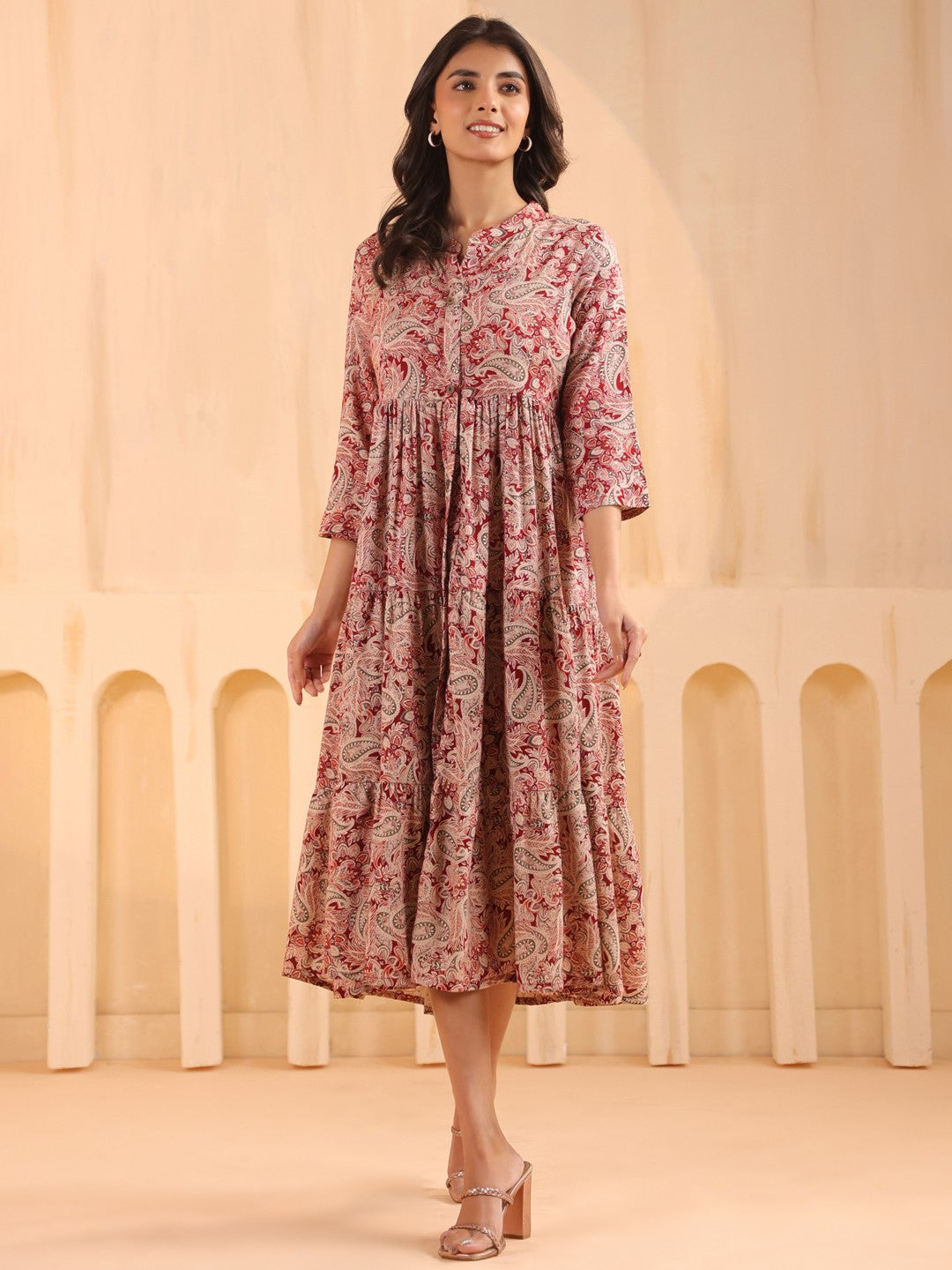 Larqi Women Viscose Rayon Floral Maroon Dress