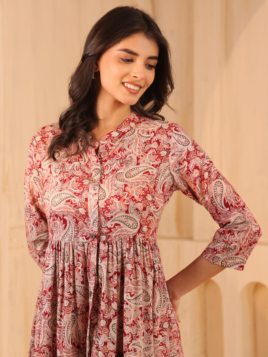 Larqi Women Viscose Rayon Floral Maroon Dress