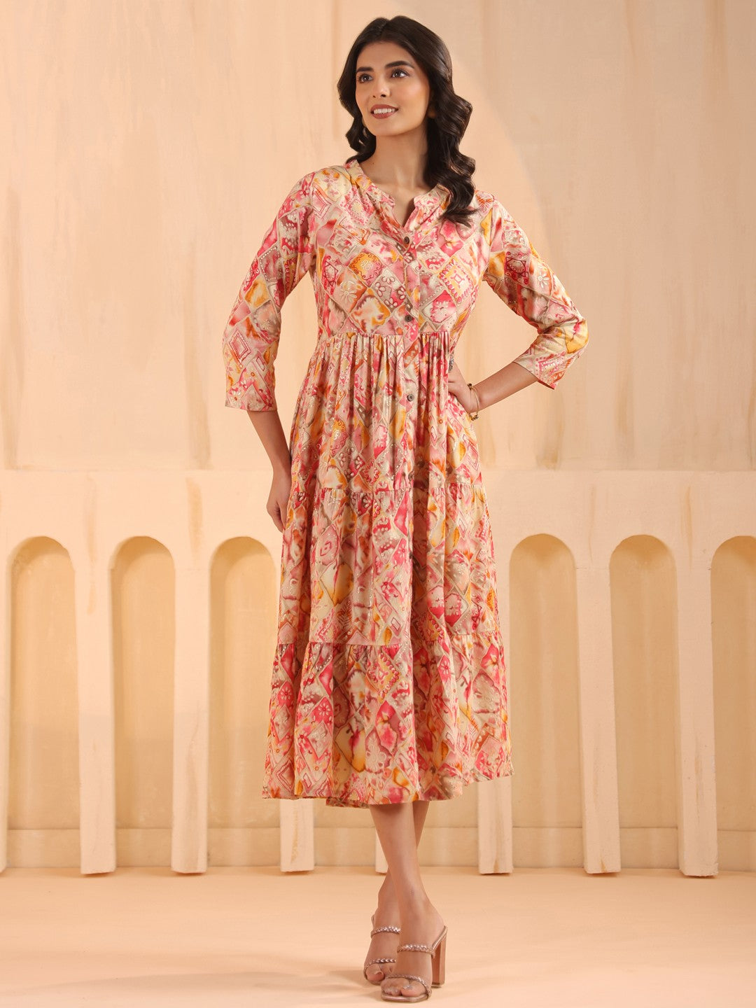 Larqi Women Viscose Rayon Floral Pink Dress