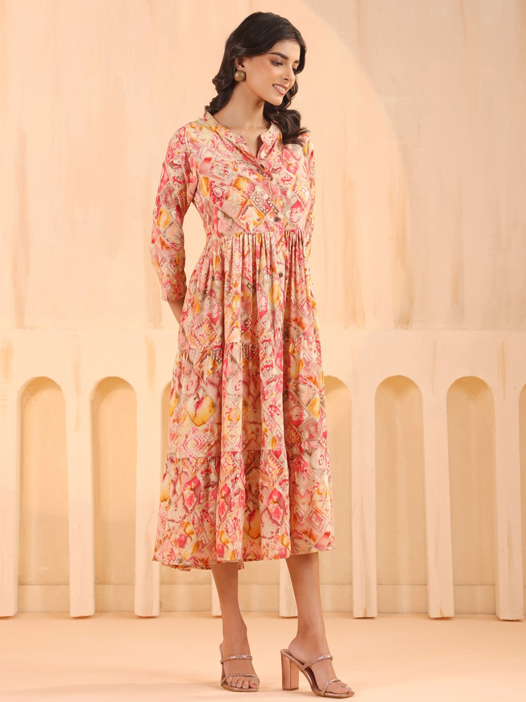 Larqi Women Viscose Rayon Floral Pink Dress