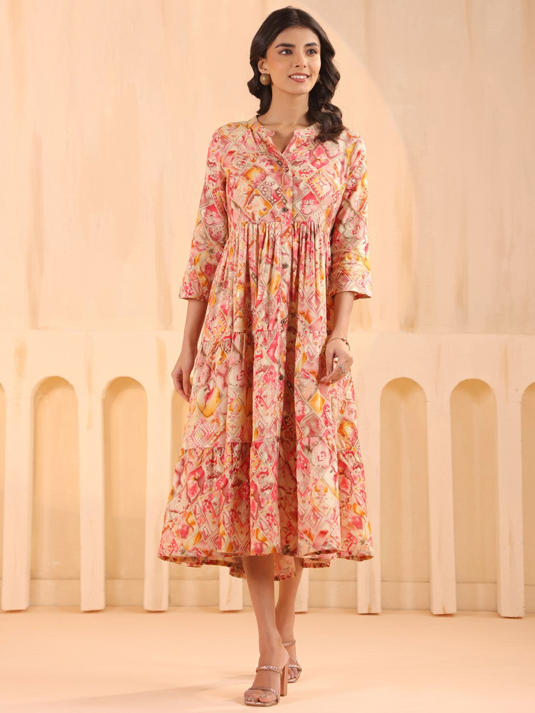 Larqi Women Viscose Rayon Floral Pink Dress
