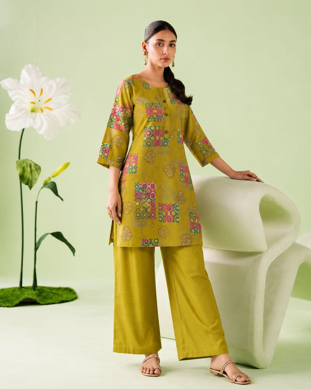 Larqi Mustard Printed Tunic Co-Ords