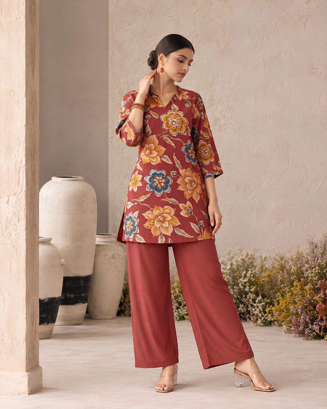 Larqi Maroon Printed Tunic Co-Ords