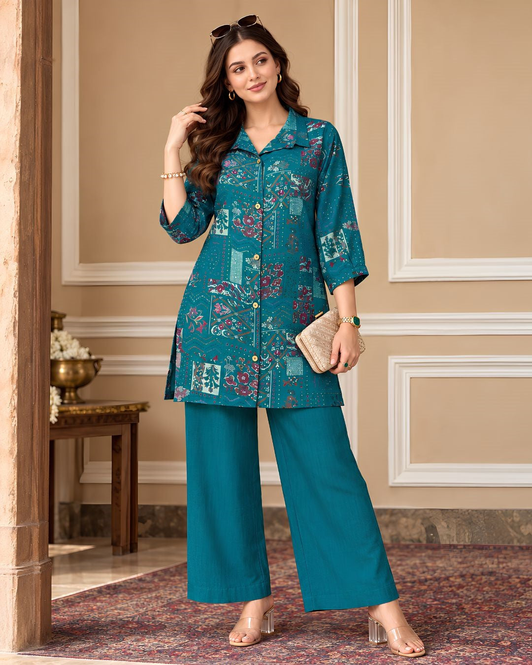 Larqi Teal Printed Tunic Co-Ords