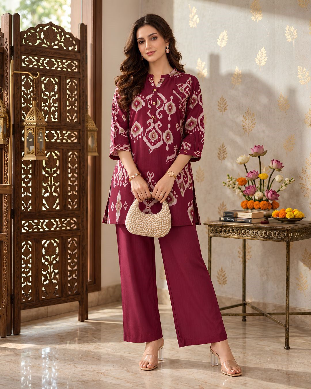 Larqi Wine Printed Tunic Co-Ords