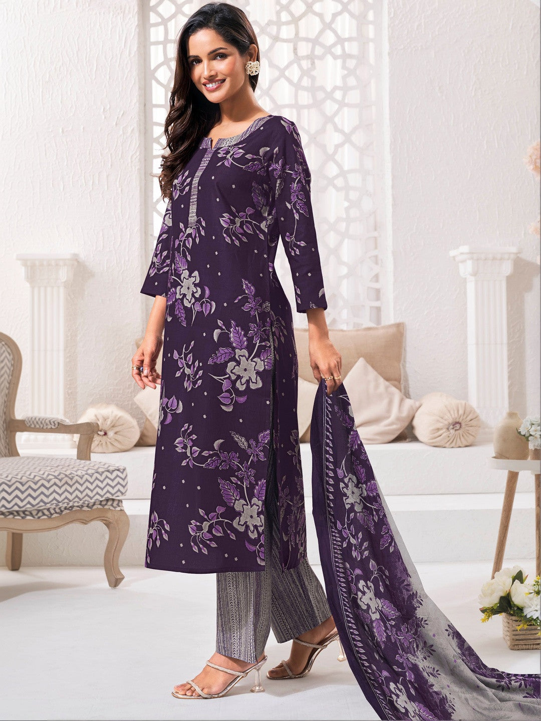Larqi Women Pure Cotton Purple 3 Pcs Set
