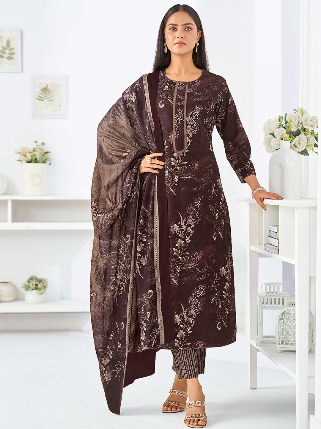 Larqi Women Pure Cotton Maroon 3 Pcs Set