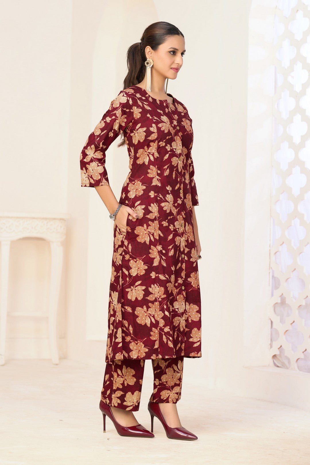 Larqi Women Pure Cotton Maroon Co Ords