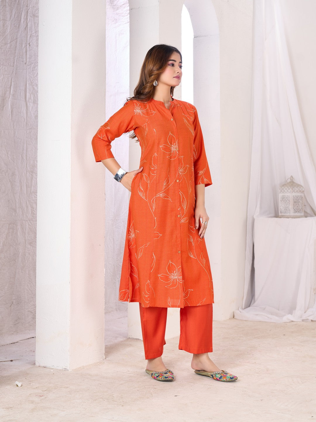 Larqi Women Silk Blend Orange 3 Pcs Set