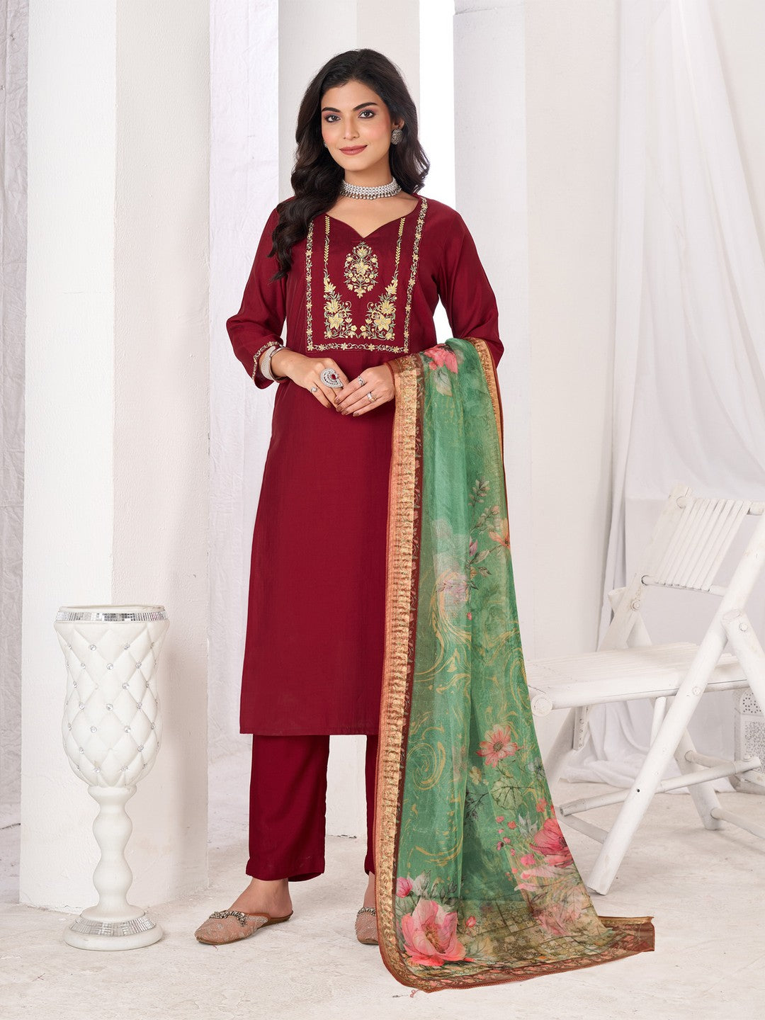 Larqi Women Chanderi Maroon 3 Pcs Set