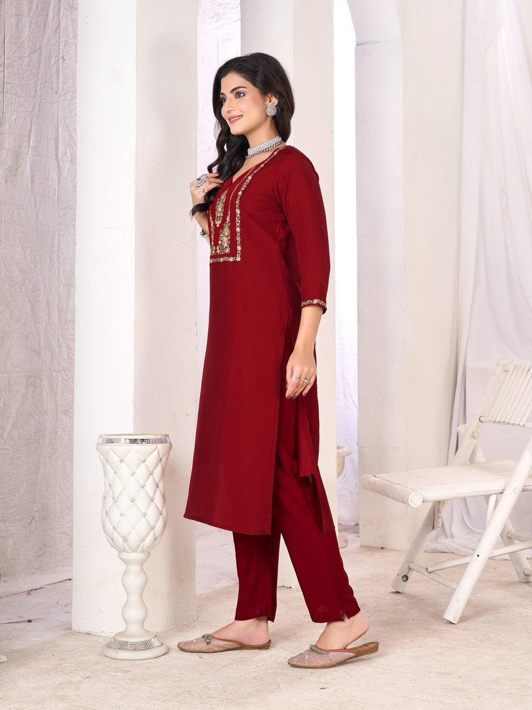 Larqi Women Chanderi Maroon 3 Pcs Set