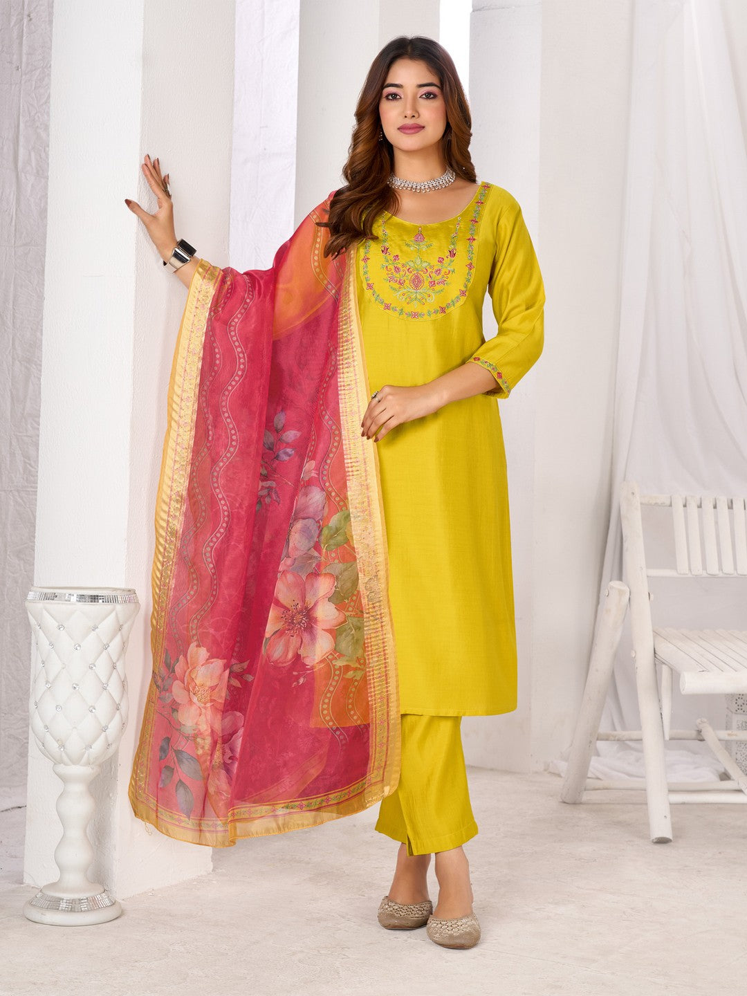 Larqi Women Chanderi Yellow 3 Pcs Set