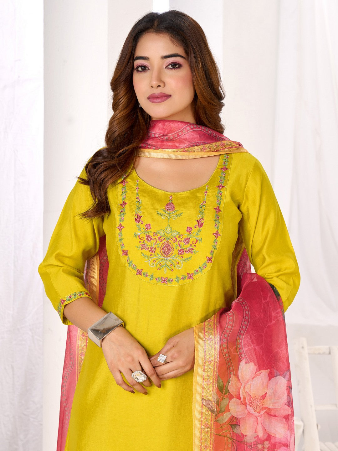 Larqi Women Chanderi Yellow 3 Pcs Set
