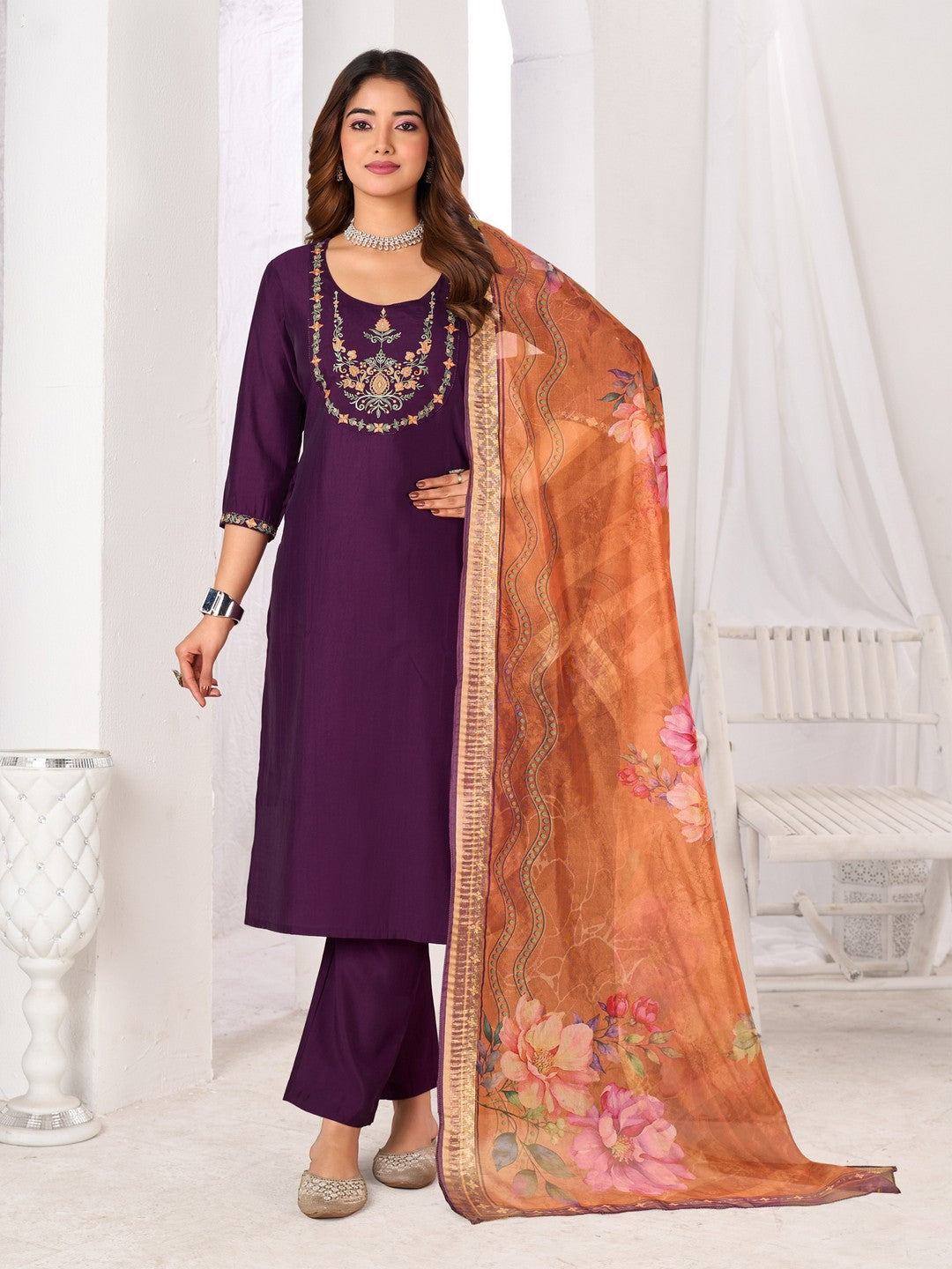 Larqi Women Chanderi Purple 3 Pcs Set
