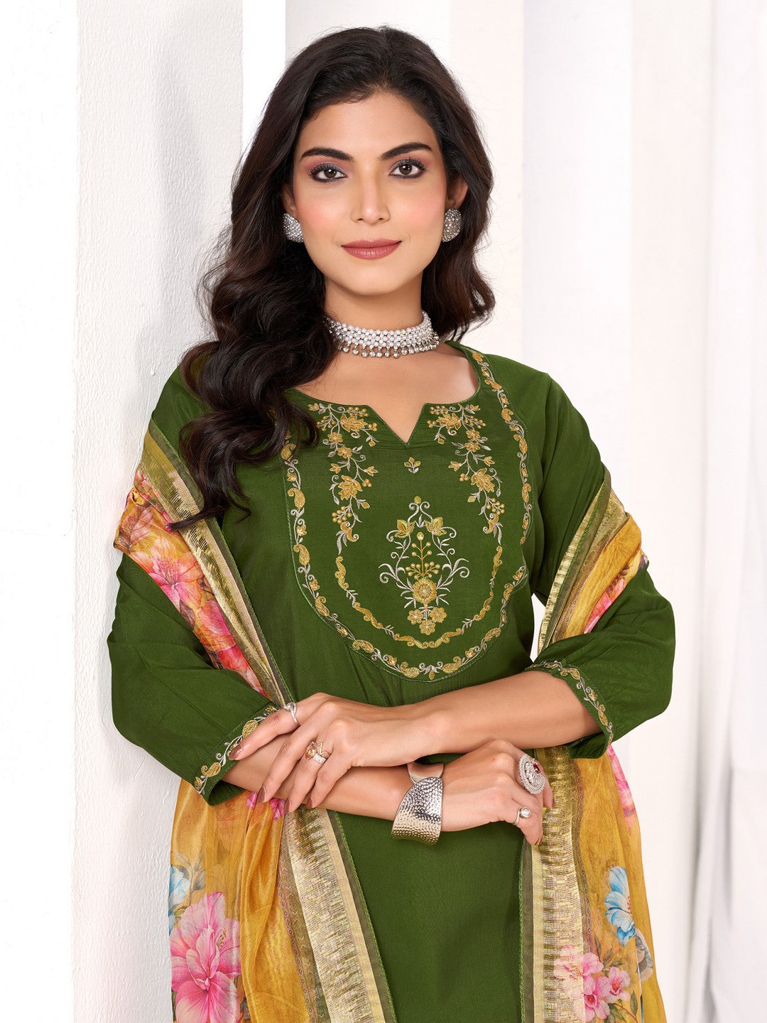 Larqi Women Chanderi Green 3 Pcs Set