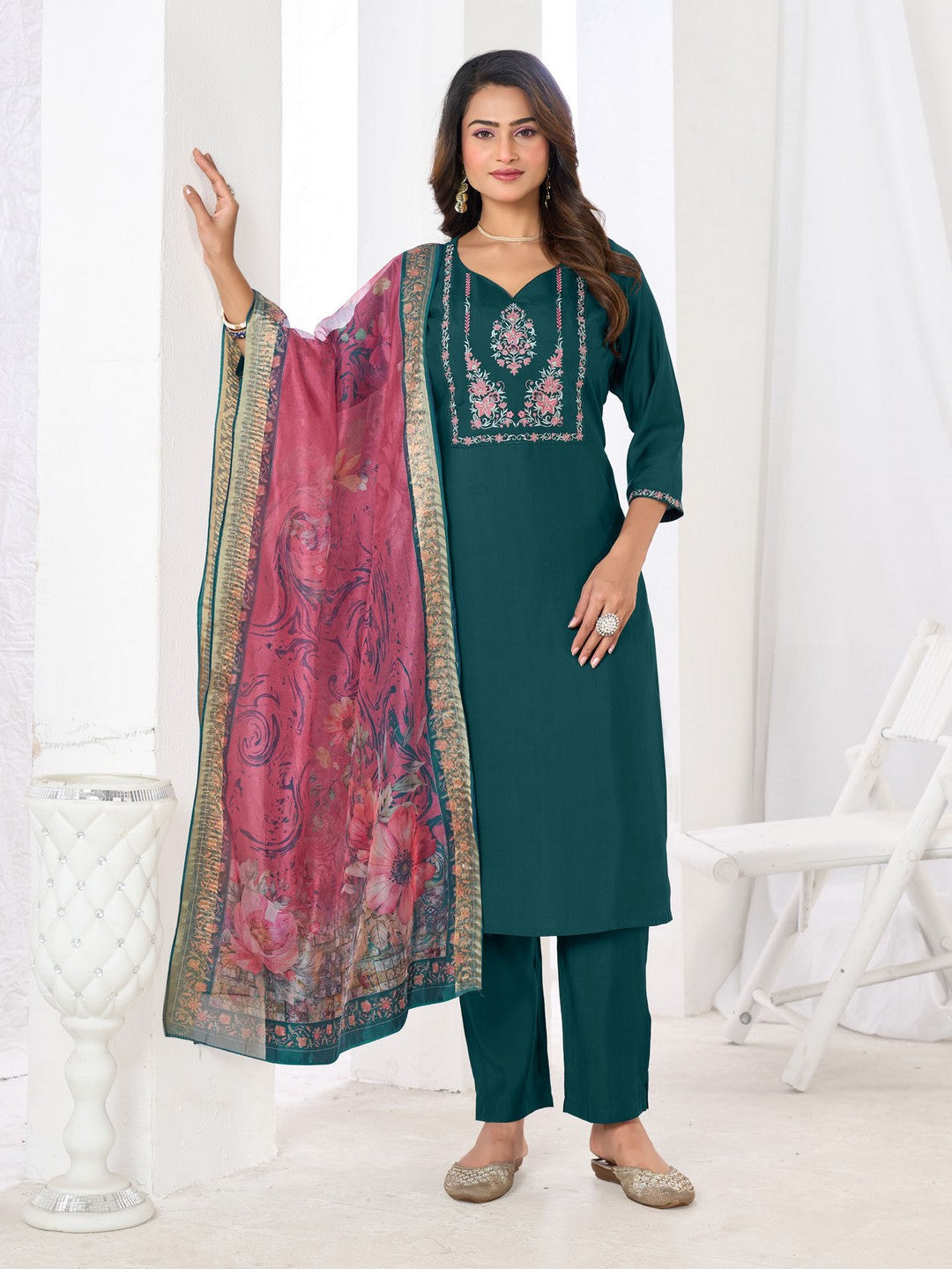 Larqi Women Chanderi Blue 3 Pcs Set
