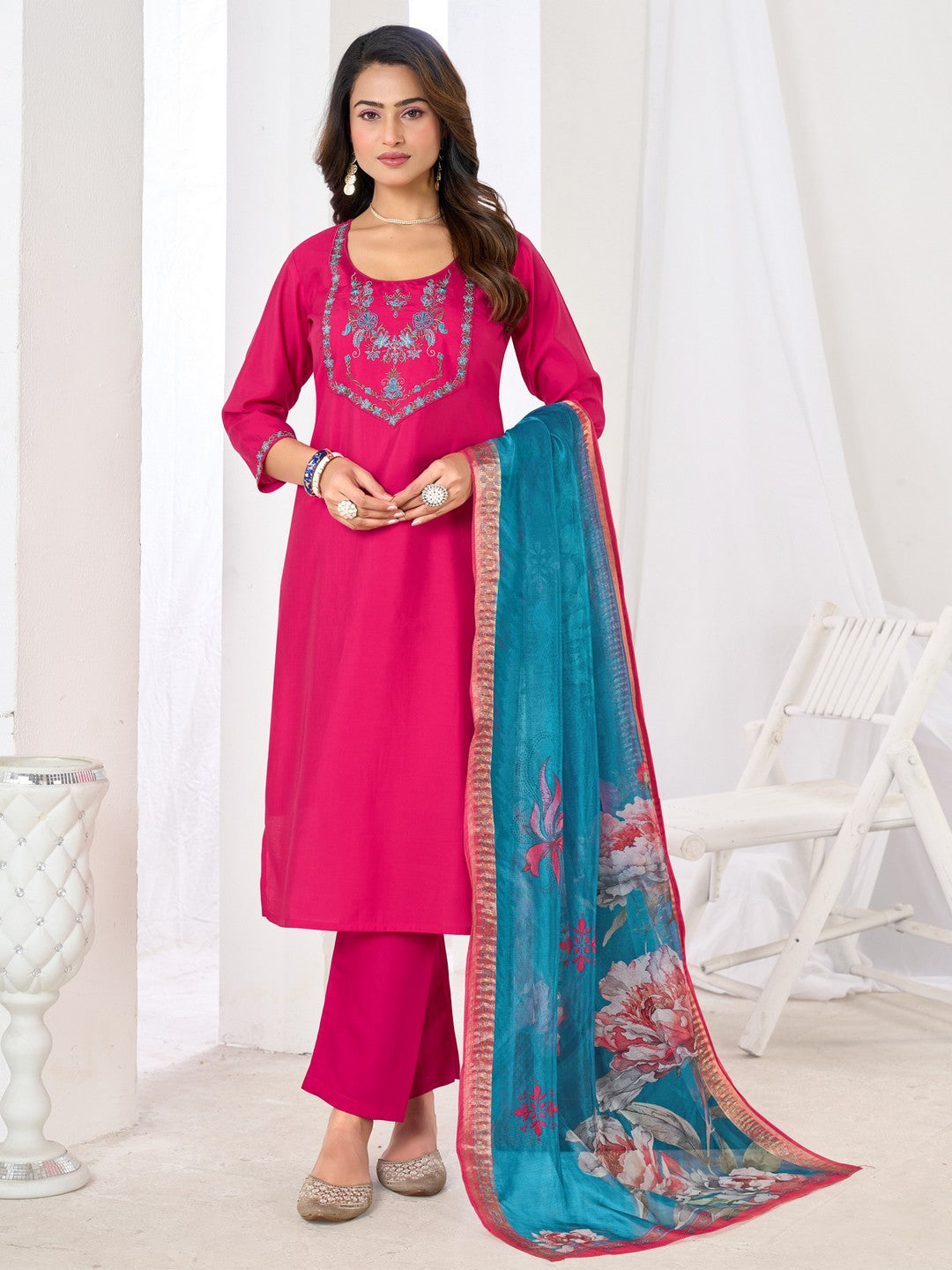 Larqi Women Chanderi Pink 3 Pcs Set