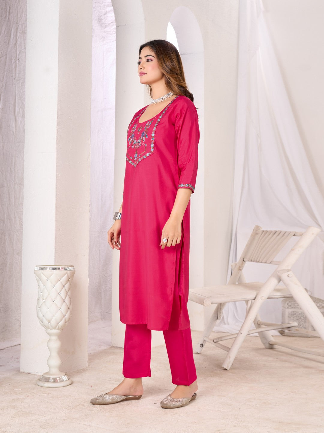 Larqi Women Chanderi Pink 3 Pcs Set