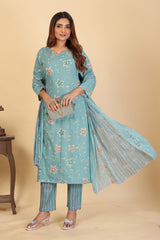 Larqi Women Pure Cotton Blue 3 Pcs Set