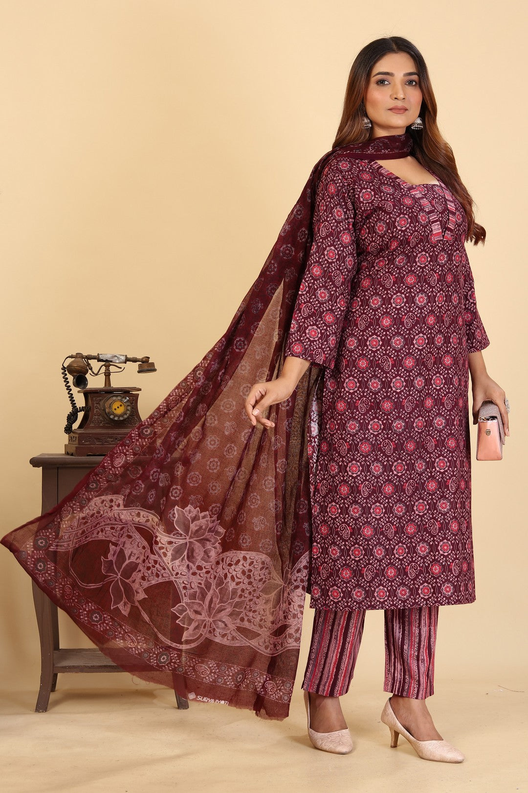 Larqi Women Pure Cotton Maroon 3 Pcs Set