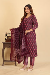 Larqi Women Pure Cotton Maroon 3 Pcs Set