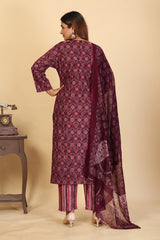 Larqi Women Pure Cotton Maroon 3 Pcs Set