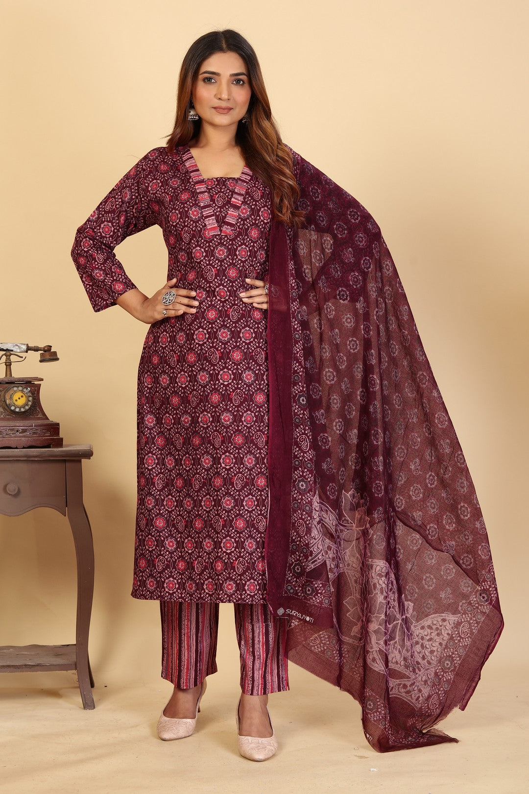 Larqi Women Pure Cotton Maroon 3 Pcs Set