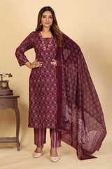 Larqi Women Pure Cotton Maroon 3 Pcs Set