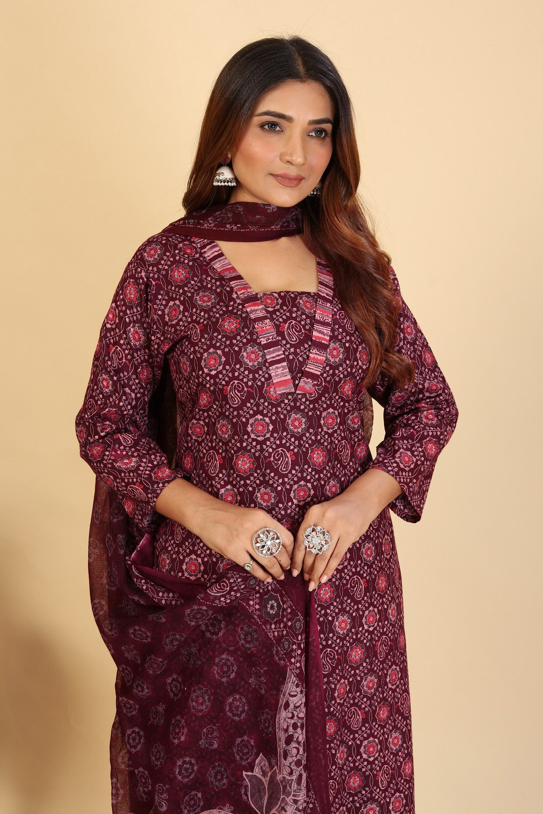 Larqi Women Pure Cotton Maroon 3 Pcs Set