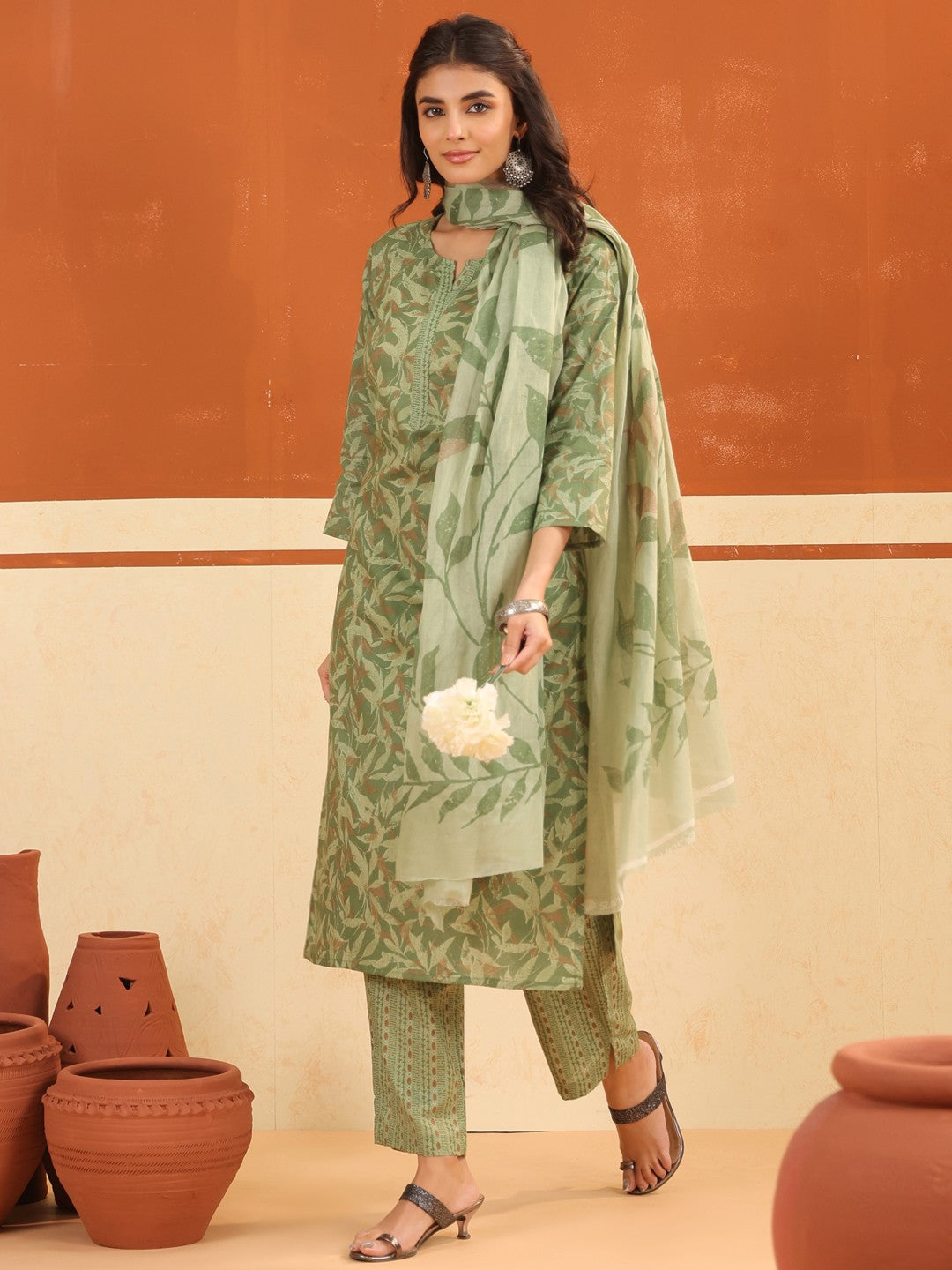 Larqi Women Pure Cotton Green 3 Pcs Set