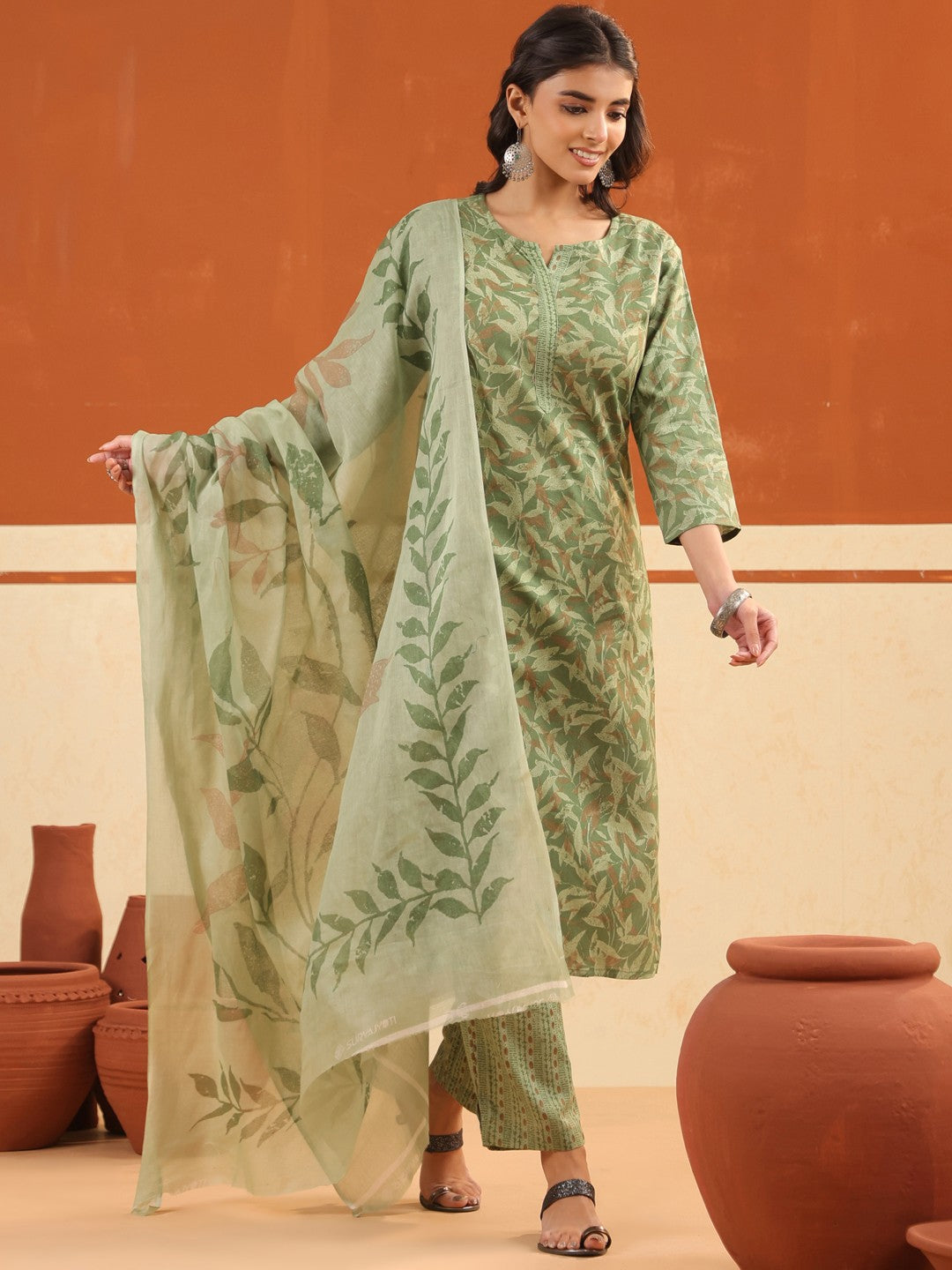 Larqi Women Pure Cotton Green 3 Pcs Set