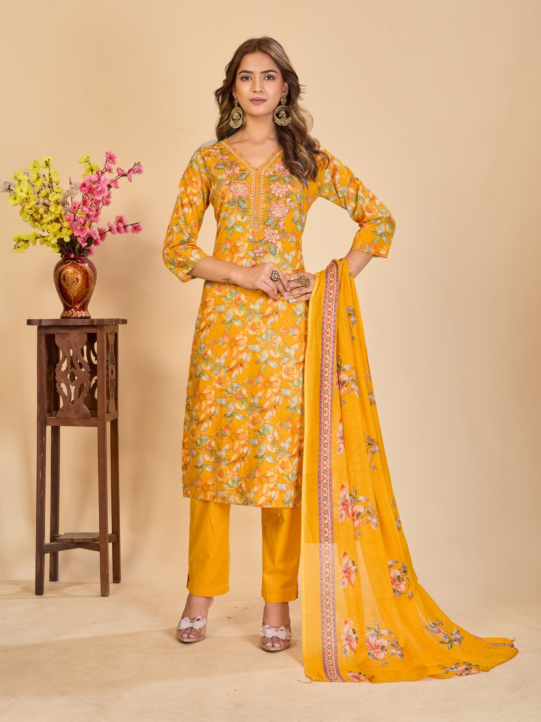 Larqi Women Pure Cotton Yellow 3 Pcs Set