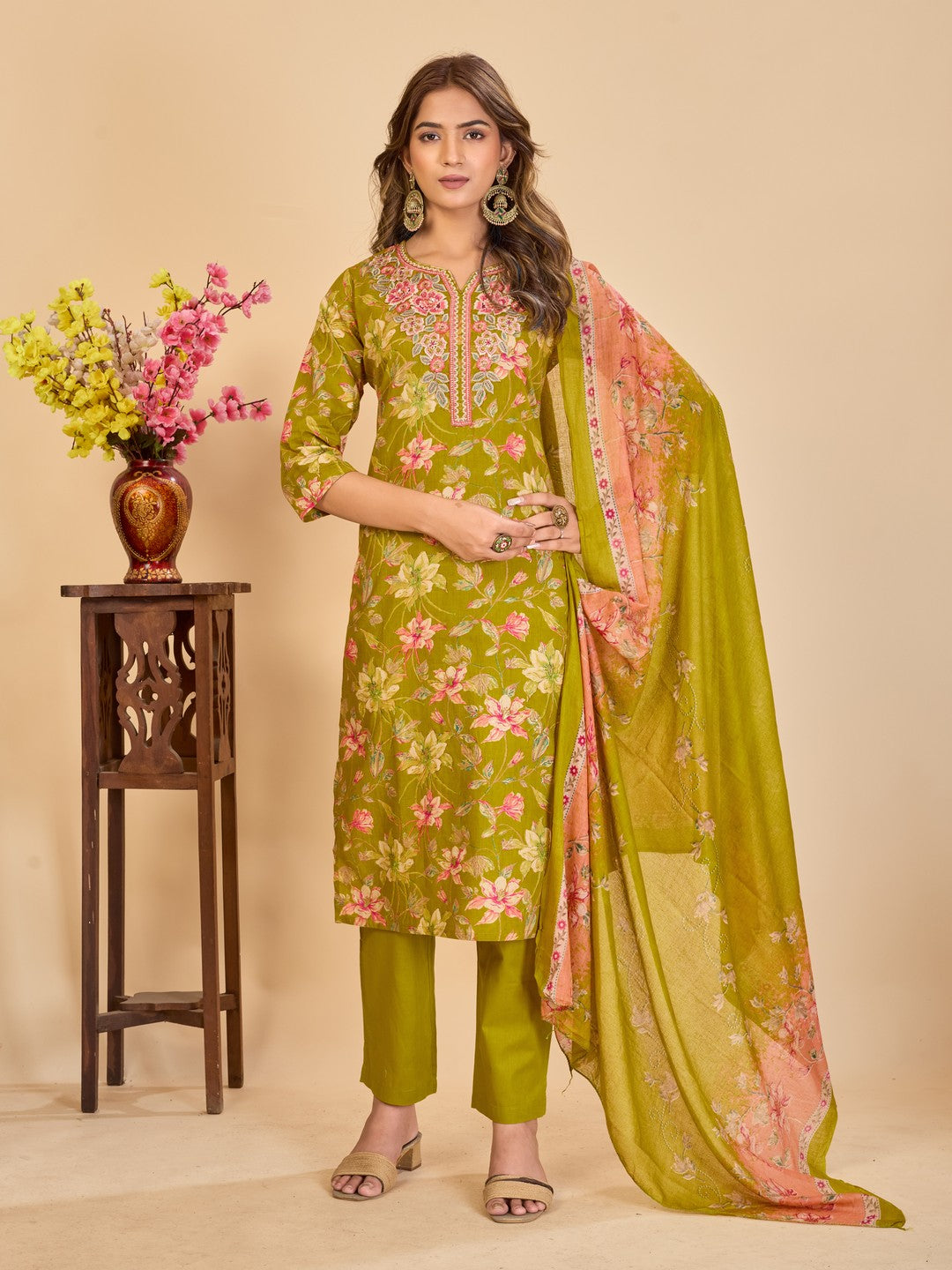 Larqi Women Pure Cotton Lime Green 3 Pcs Set