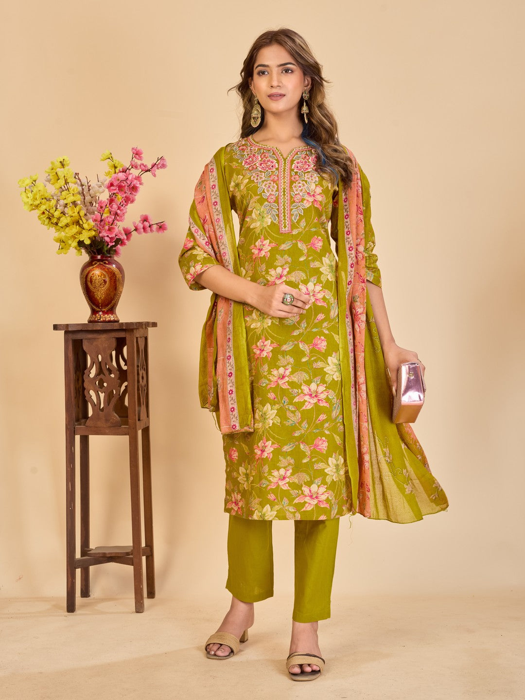 Larqi Women Pure Cotton Lime Green 3 Pcs Set