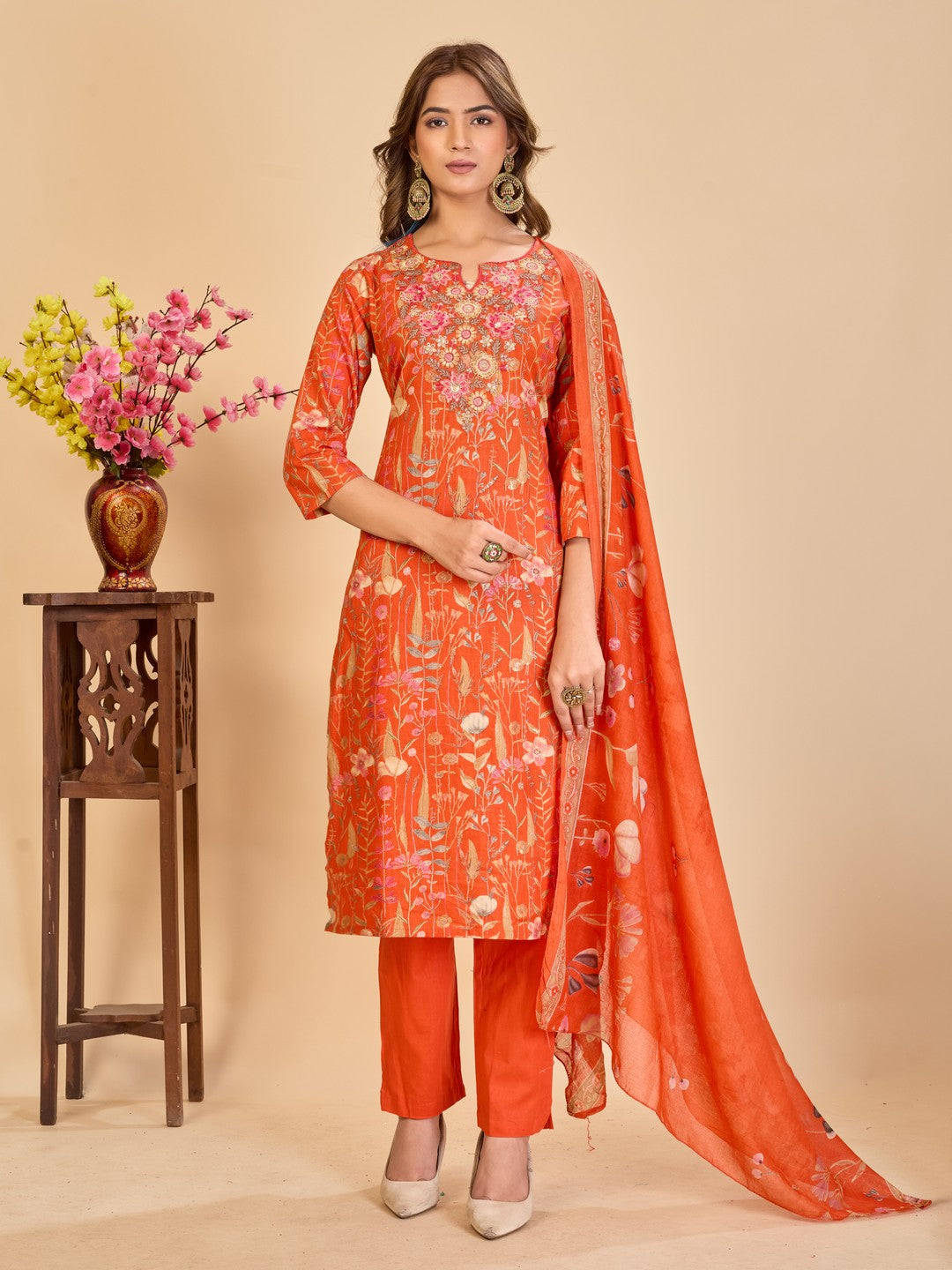 Larqi Women Pure Cotton Orange 3 Pcs Set