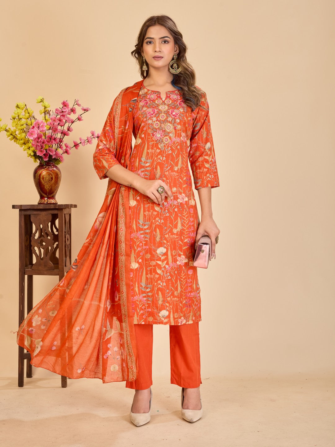 Larqi Women Pure Cotton Orange 3 Pcs Set