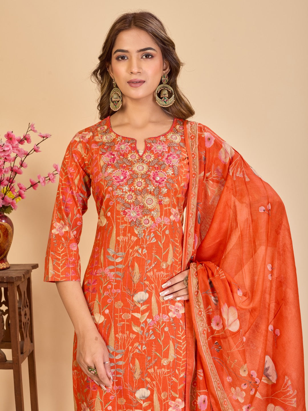 Larqi Women Pure Cotton Orange 3 Pcs Set