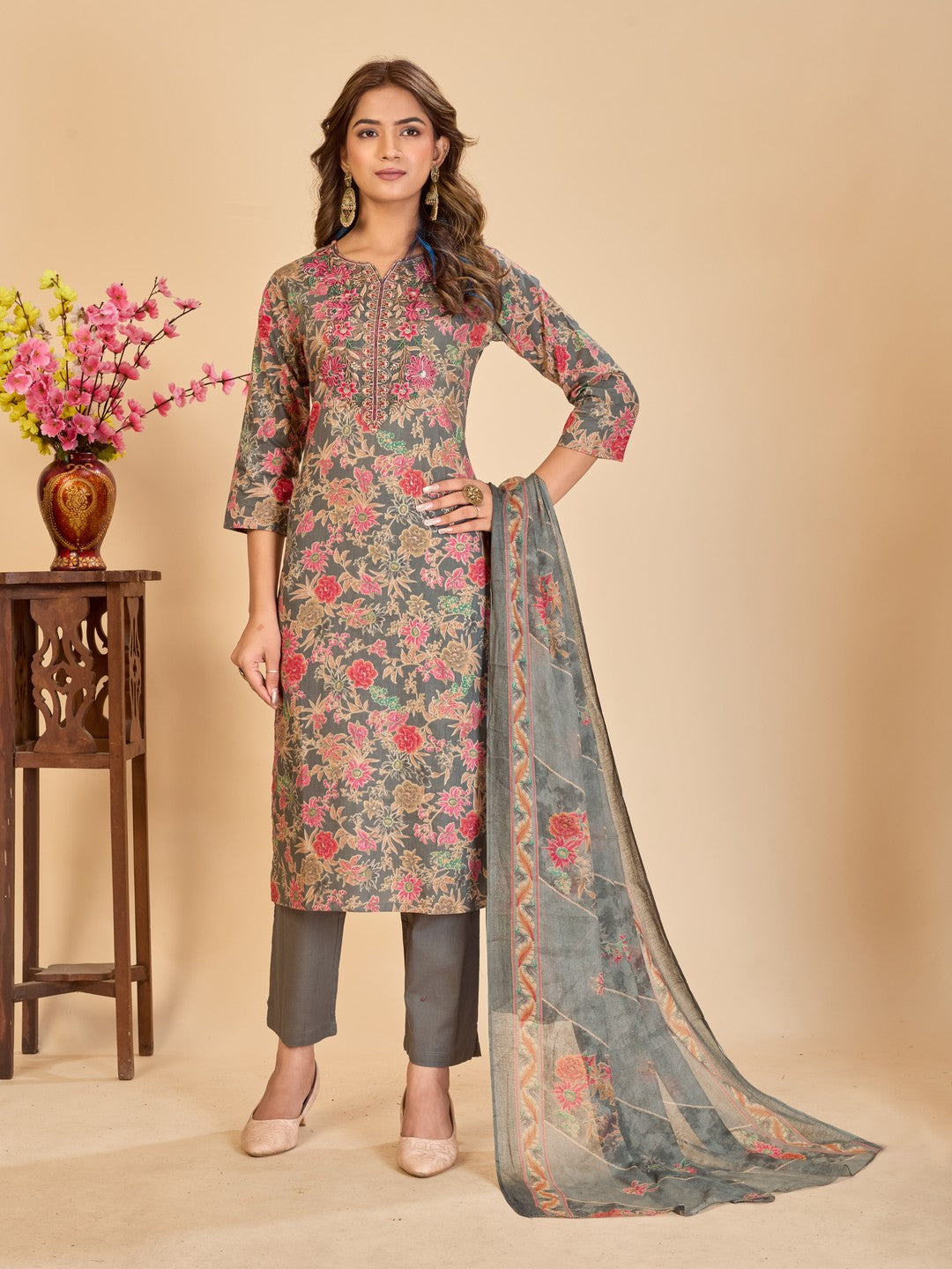 Larqi Women Pure Cotton Grey 3 Pcs Set