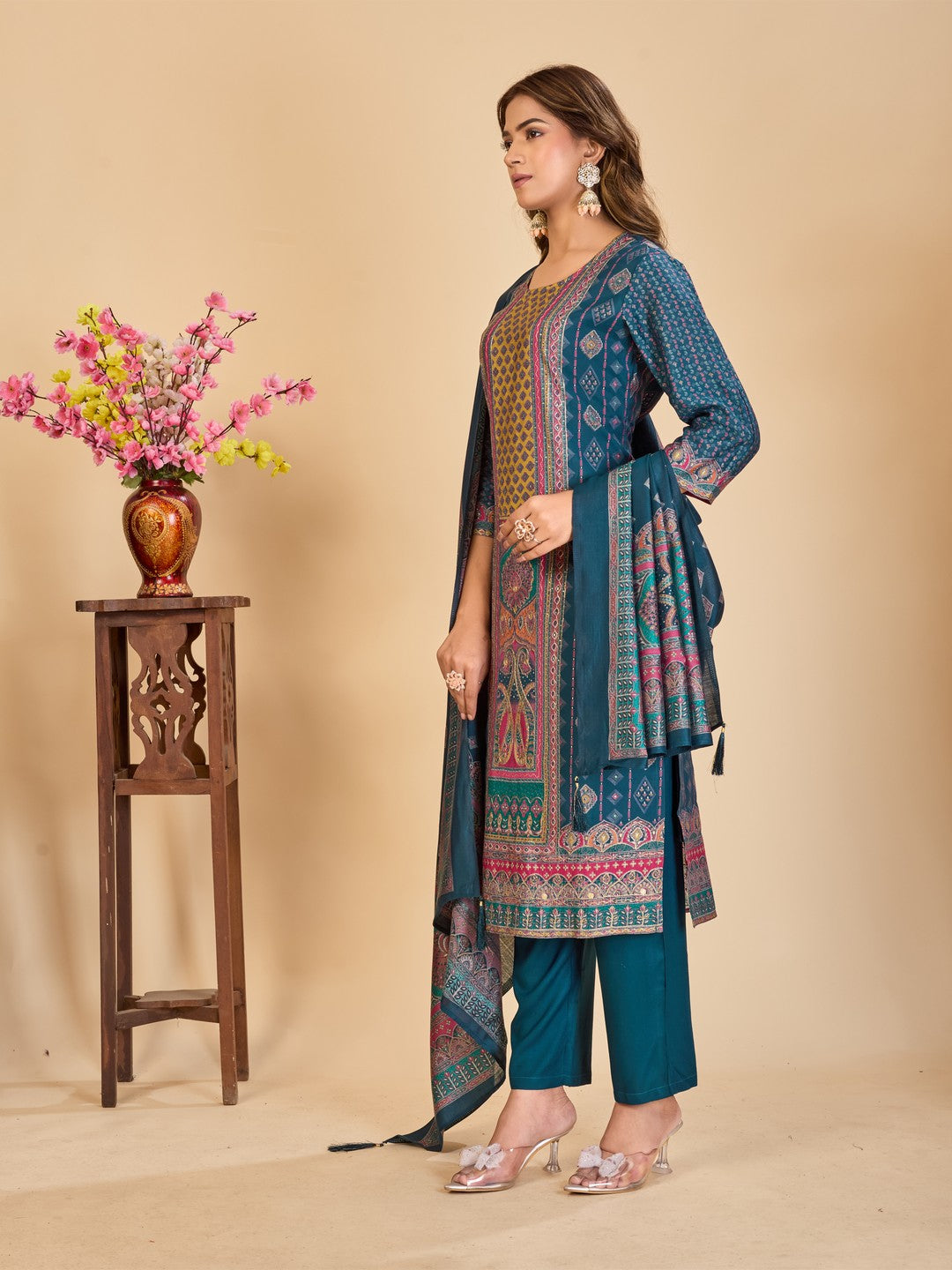 Larqi Women Chanderi Blue 3 Pcs Set