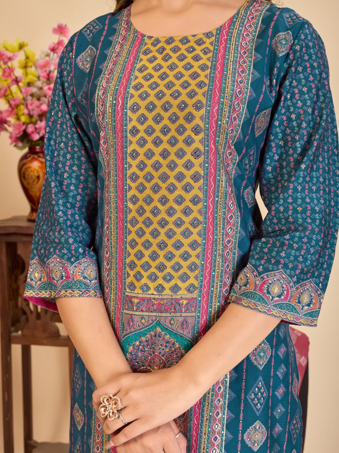 Larqi Women Chanderi Blue 3 Pcs Set