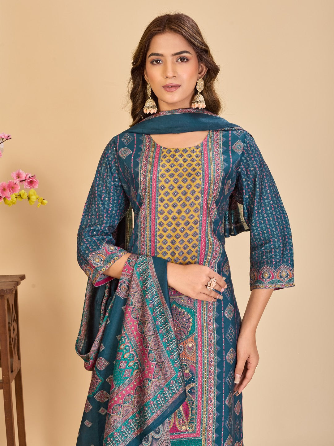 Larqi Women Chanderi Blue 3 Pcs Set