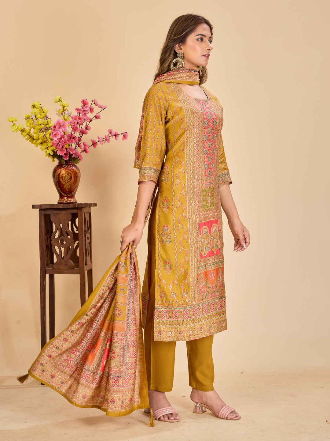 Larqi Women Chanderi Mustard 3 Pcs Set