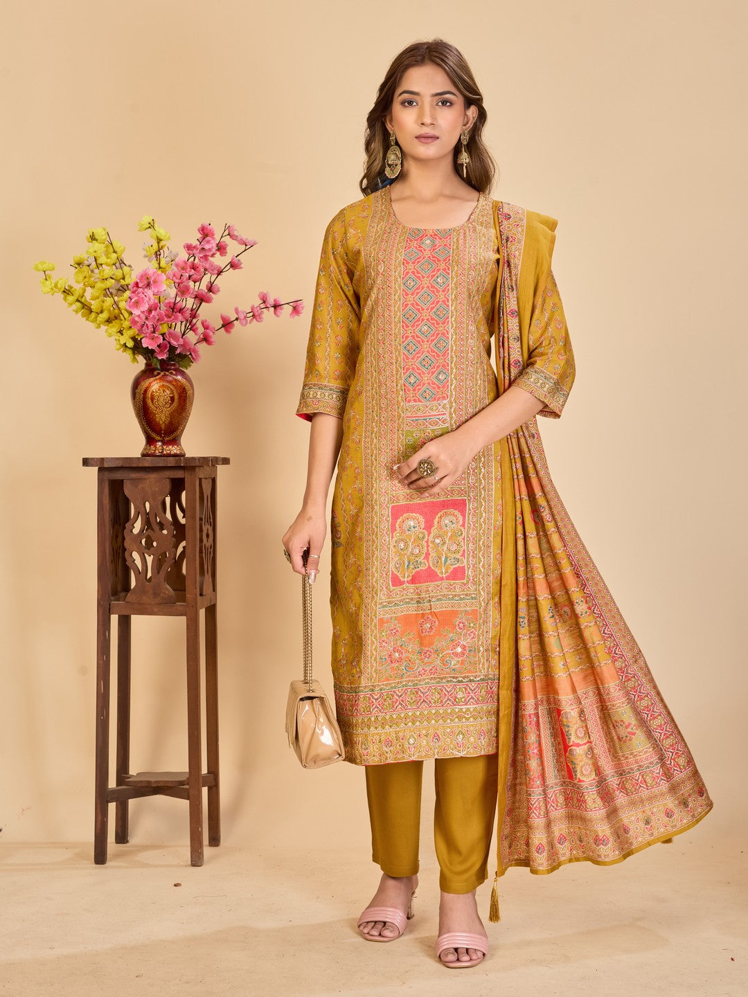 Larqi Women Chanderi Mustard 3 Pcs Set